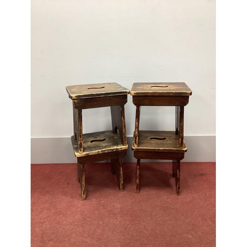 1501 - Four Pine Prayer Kneelers, the top with pierced hand grips, 34cm wide. (4)