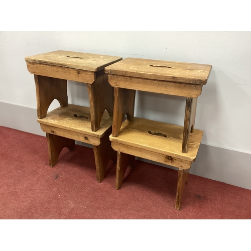 1504 - Four Pine Prayer Kneelers, the top with pierced hand grips, 46cm wide. (4)