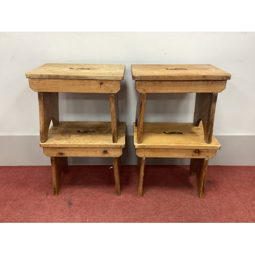 1504 - Four Pine Prayer Kneelers, the top with pierced hand grips, 46cm wide. (4)