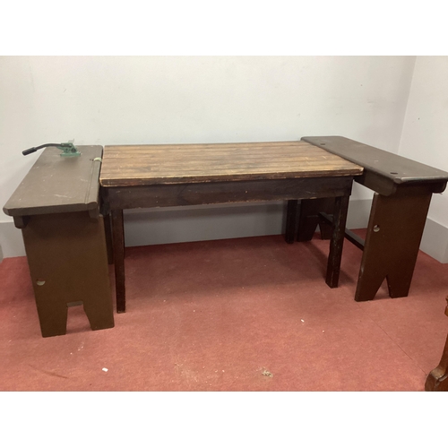 1505 - Two Painted Pine Benches, 111cm wide; together with a pine side table, 131cm wide. (3)