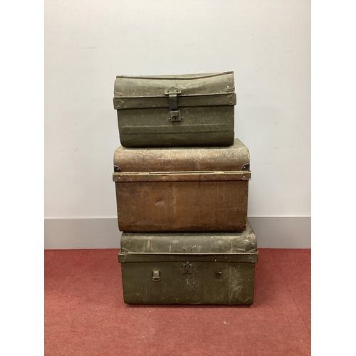 1506 - A XIX Century Brown Painted Tin Trunk; together with two further green painted tin trunks. (3)