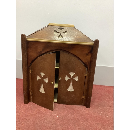 1514 - A Gothic Style Oak Cabinet, the pediment with pierced decoration, arched doors similarly decorated, ... 