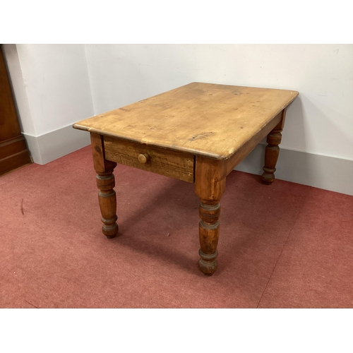 1516 - A XIX Century Pine Table, with rectangular top and single drawer, raised on turned and block support... 