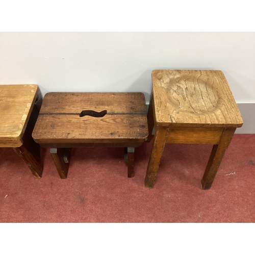 1517 - Two Pine Prayer Kneelers; together with two oak dish top stools. (4)