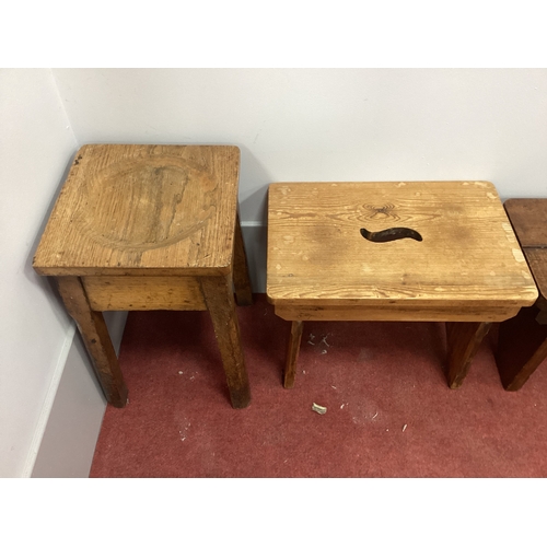 1517 - Two Pine Prayer Kneelers; together with two oak dish top stools. (4)