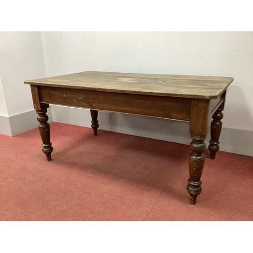 1518 - A XIX Century Pine Table, with rectangular top raised on turned and block supports, 150cm wide.