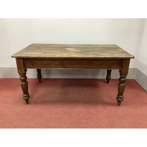 1518 - A XIX Century Pine Table, with rectangular top raised on turned and block supports, 150cm wide.