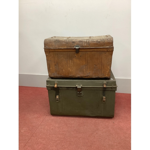 1519 - A XIX Century Green Painted Tin Trunk; together with a brown painted tin trunk. (2)