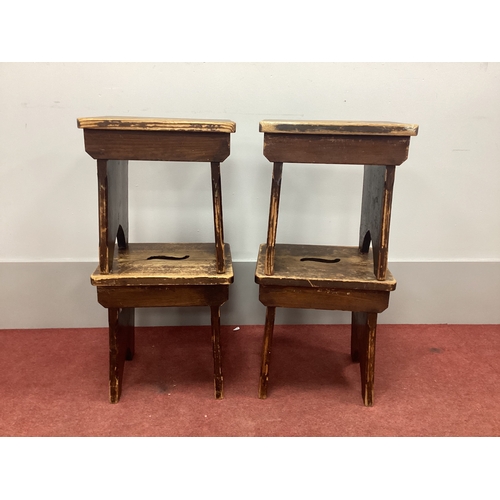 1526 - Four Pine Prayer Kneelers, the top with pierced hand grips, 46cm wide. (4)