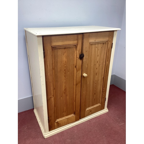 1527 - A XIX Century Painted Pine Cupboard, with panelled doors to three internal shelves, stepped plinth b... 