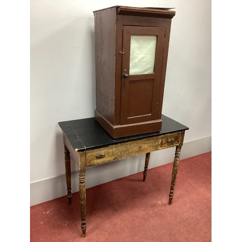 1531 - A Pine Cupboard, with a glazed and panelled door; together with a pine side table. (2)