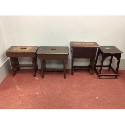 1532 - Three Pine Stools, with pierced hand grip; together with a side table. (4)