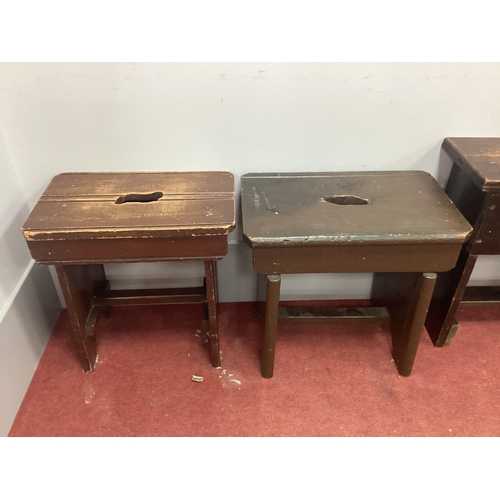 1532 - Three Pine Stools, with pierced hand grip; together with a side table. (4)