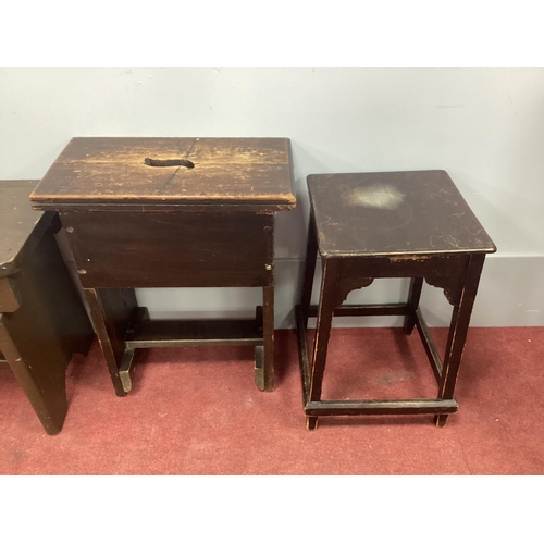 1532 - Three Pine Stools, with pierced hand grip; together with a side table. (4)