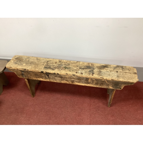 1566 - A Rustic Pine Bench, 130cm long; together with two painted stools. (3)