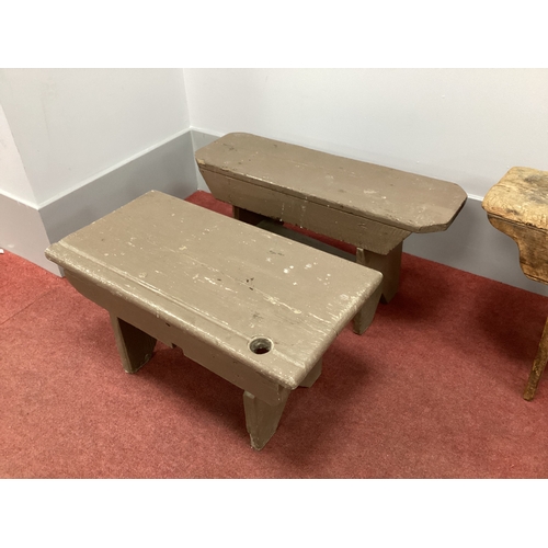 1566 - A Rustic Pine Bench, 130cm long; together with two painted stools. (3)