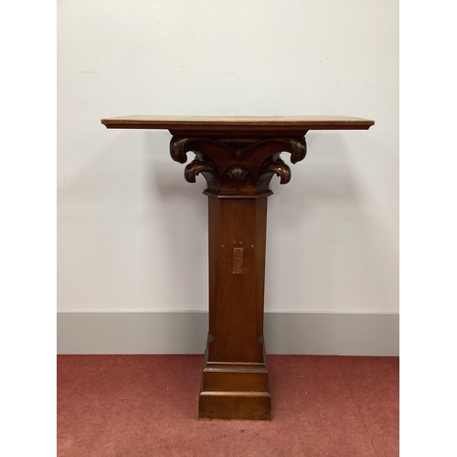 1583 - An Oak and Mahogany Pedestal, the pine top with scroll carved decoration, chamfered sides and plinth... 