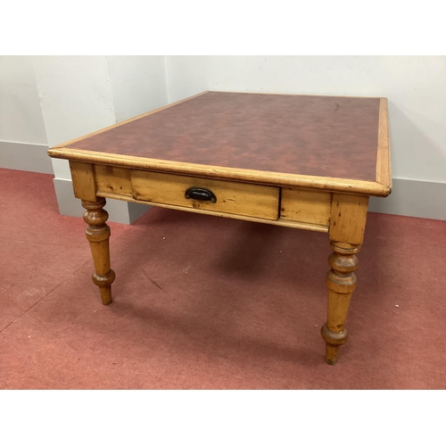 1585 - A XIX Century Pine Library Table, with red leatherette sciver and two end drawers, on turned support... 
