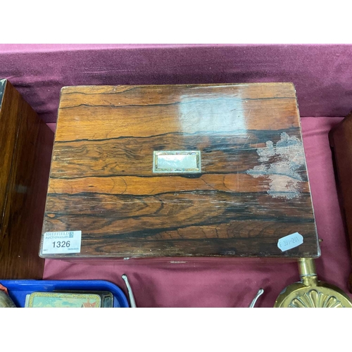 1326 - XIX Century Rosewood Vanity Box, top with a mother of pearl insert, blue fitted interior with glass ... 