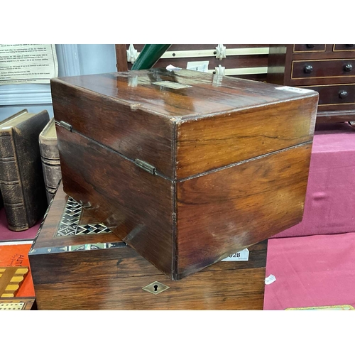 1326 - XIX Century Rosewood Vanity Box, top with a mother of pearl insert, blue fitted interior with glass ... 
