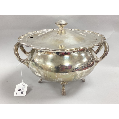 35 - A Hallmarked Silver Twin Handled Soup Tureen, Walker & Hall, Sheffield 1961, of plain circular cauld... 