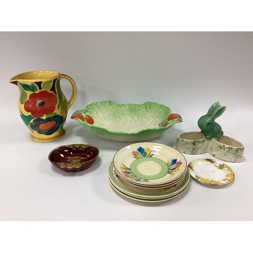 1236 - Three Clarice Cliff 'Spring' Plates and Saucers, Susie Cooper Art Deco jug, 17cm high, Rabbit posy, ... 