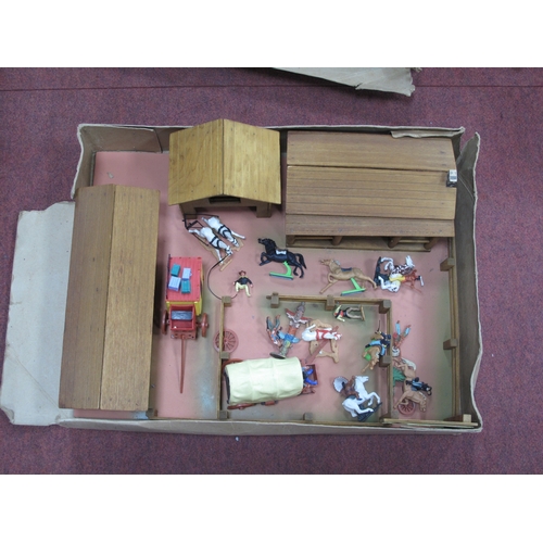 A 1970s Wooden Toy Ranch With Plastic Figures by Timpo, Britains, etc ...