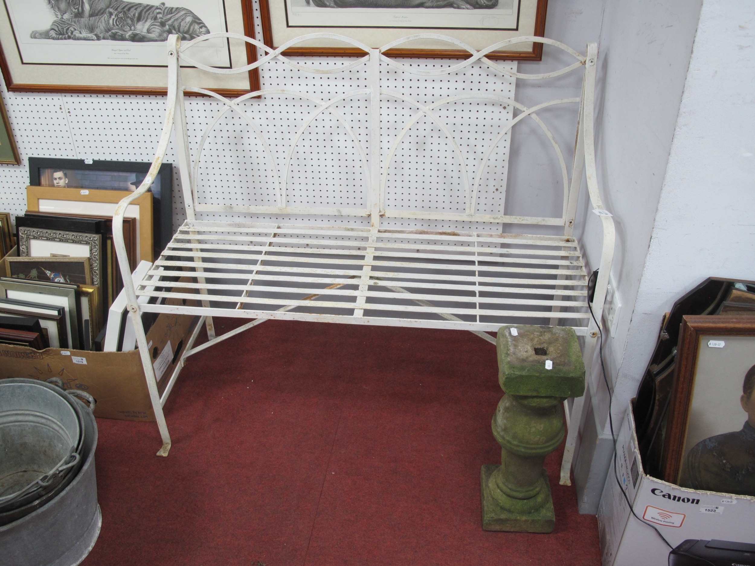 Regency Style White Painted Strapwork Garden Bench, with shaped arms ...
