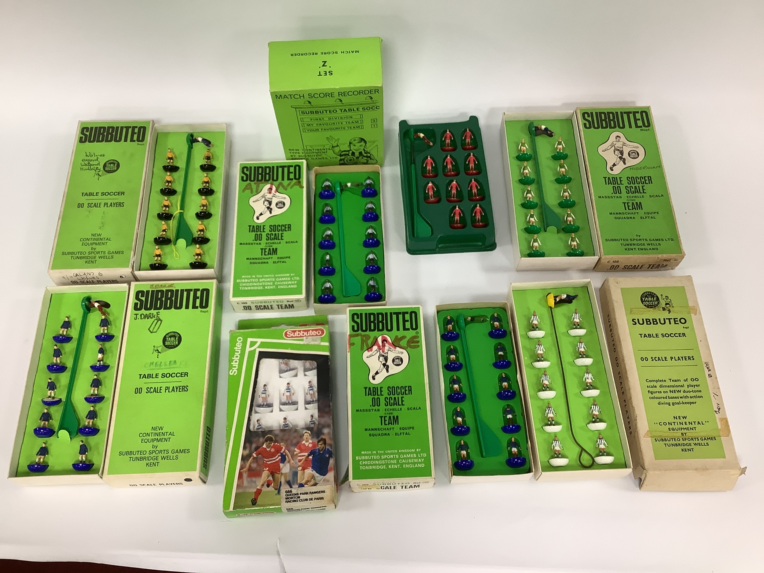 Nine complete Subbuteo table soccer OO scale football teams. To include ...