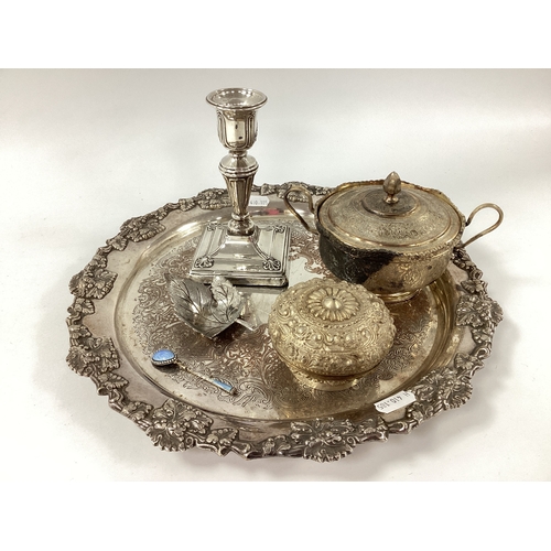 1 - A Hallmarked Silver Candlestick, (marks rubbed) on square base; a Middle Eastern twin handled lidded... 