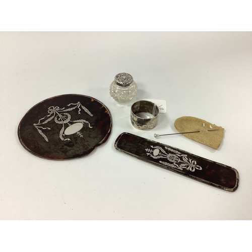 17 - A Small Hallmarked Silver Cut Glass Dressing Table Jar, (damage); two decorative Edwardian Tortoiseh... 