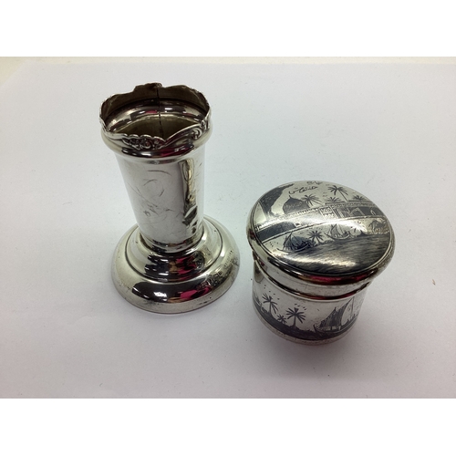 27 - A Vintage Middle Eastern Niello Trinket Pot, of cylindrical form, detailed with temple buildings and... 