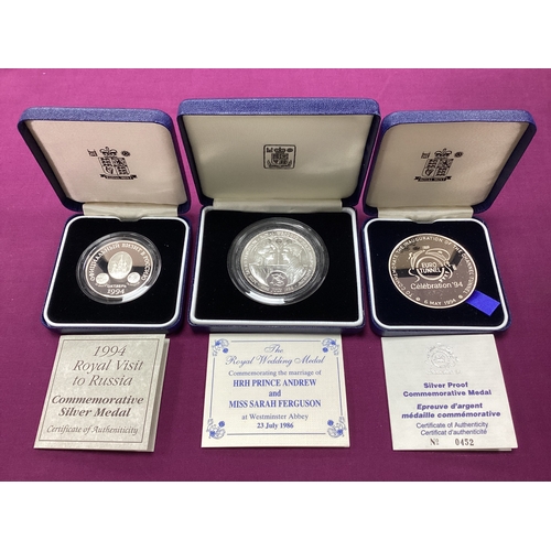 108 - Three Royal Mint Sterling Silver Commemorative Medals, includes a 1994 Royal Visit to Russia, proof ... 