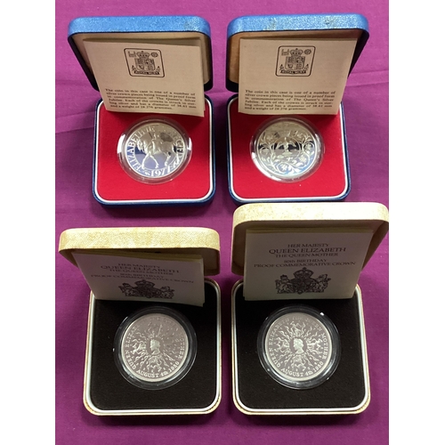109 - Collection Of Four Royal Mint Silver Proof Crowns, two 1980 Queen Mother 80th Birthday and two 1977Q... 