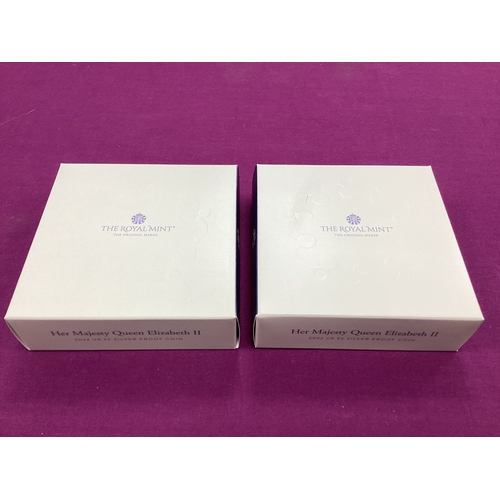 137 - Two Royal Mint UK 2022 Silver Proof £5 Coins, both commemorating QEII, both cased with certificates ... 