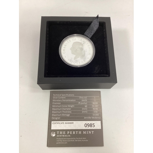 155A - 2024 The Perth Mint's 125th Anniversary Fine Silver Proof One Ounce $1 Coin, together with a fine si... 