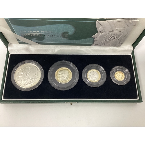 195 - 2003 Royal Mint Silver Proof Britannia Four Coin Set, cased with a certificate of authenticity.