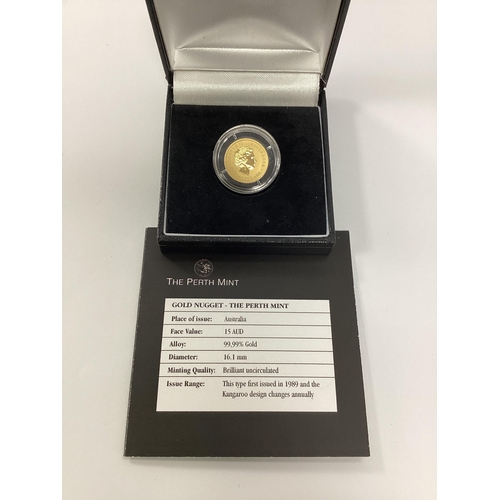213 - 2010 Australia 1/10 Ounce Fine Gold $15 Coin, cased with a certificate of authenticity.