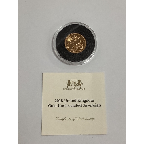 225 - 2018 QEII Gold Uncirculated Sovereign, encapsulated with a certificate of authenticity.
