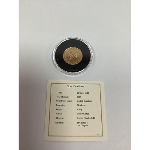 225 - 2018 QEII Gold Uncirculated Sovereign, encapsulated with a certificate of authenticity.