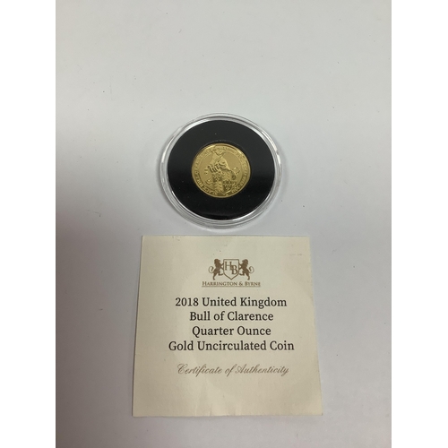226 - 2018 QEII Queen's Beasts Bull Of Clarence Quarter Ounce Gold Uncirculated Coin, encapsulated with a ... 