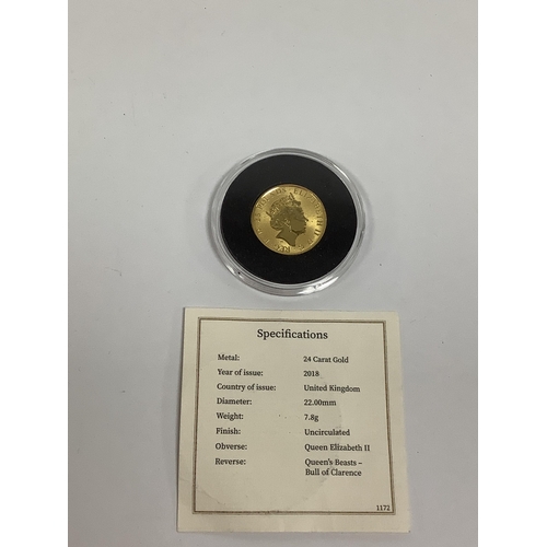 226 - 2018 QEII Queen's Beasts Bull Of Clarence Quarter Ounce Gold Uncirculated Coin, encapsulated with a ... 