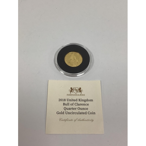 227 - 2018 Queen's Beasts Bull Of Clarence Quarter Ounce Uncirculated Gold Coin, encapsulated with a certi... 