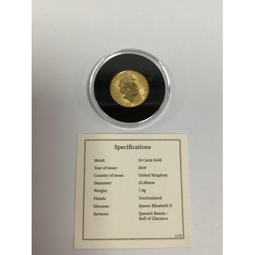 227 - 2018 Queen's Beasts Bull Of Clarence Quarter Ounce Uncirculated Gold Coin, encapsulated with a certi... 