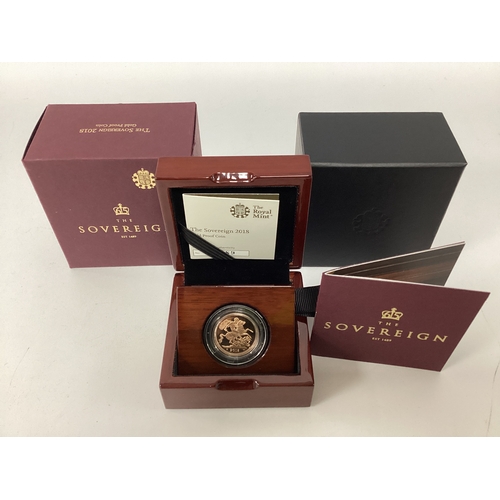 234 - 2018 Royal Mint Gold Proof Sovereign, cased with a certificate of authenticity.