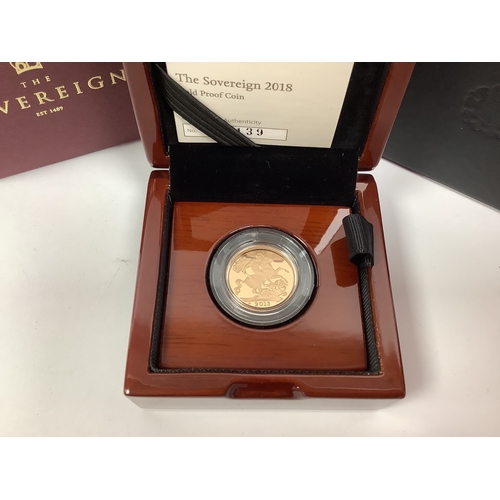 235 - 2018 Royal Mint QEII Gold Proof Sovereign, cased with a certificate of authenticity.
