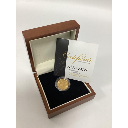 236 - 1866 Victoria Australia Gold Sovereign, Sydney Mint, cased with a certificate of authenticity.