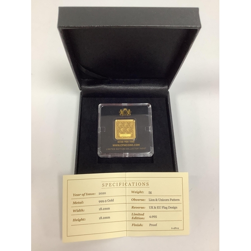 243 - A Brexit Fine Gold Proof Ingot, cased with a certificate of authenticity.