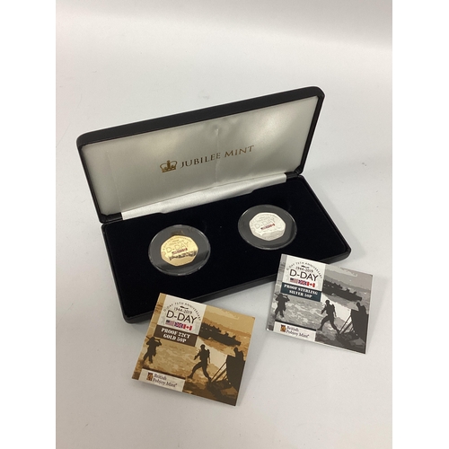 250 - 2019 QEII Jubilee Mint Gold And Silver Proof D-Day 50p Two Coin Set, cased with certificates of auth... 