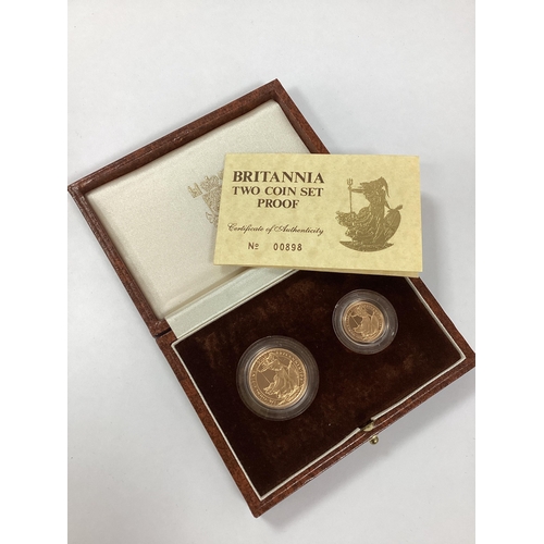 256 - 1987 Royal Mint Gold Proof Britannia Two Coin Set, includes 1/4oz and 1/10oz coins, cased with a cer... 